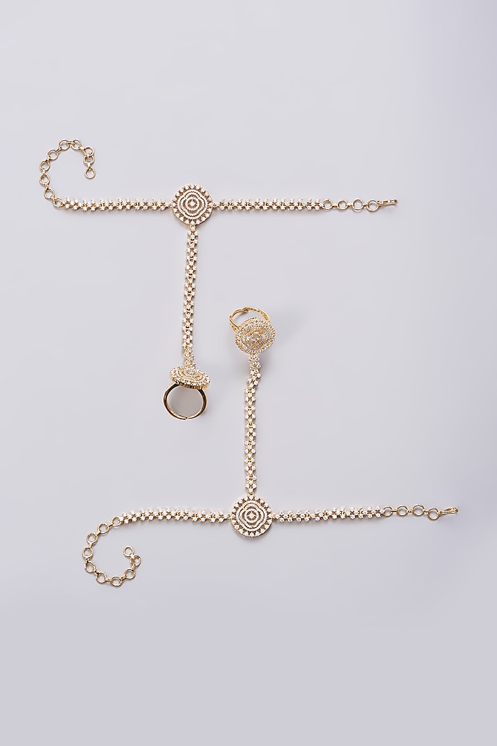 Gold Finish Zircon Hathphools (Set Of 2) by Aster at Pernia's Pop Up Shop