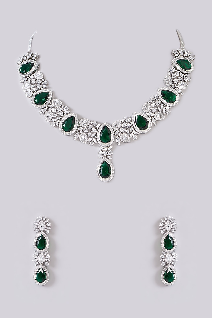 White Finish Zircon & Green Stone Necklace Set by Aster at Pernia's Pop Up Shop