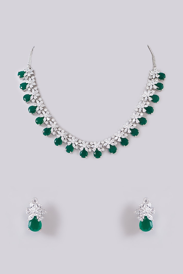 White Finish Zircon & Green Stone Necklace Set by Aster at Pernia's Pop Up Shop