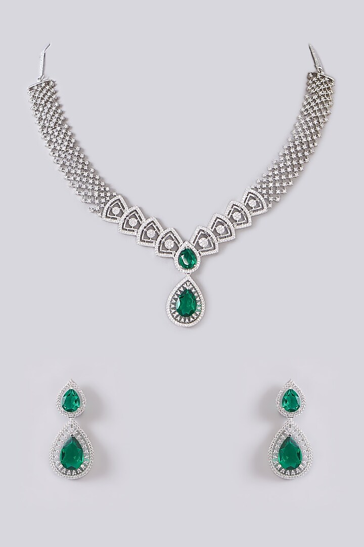 White Finish Zircon & Green Stone Necklace Set by Aster at Pernia's Pop Up Shop