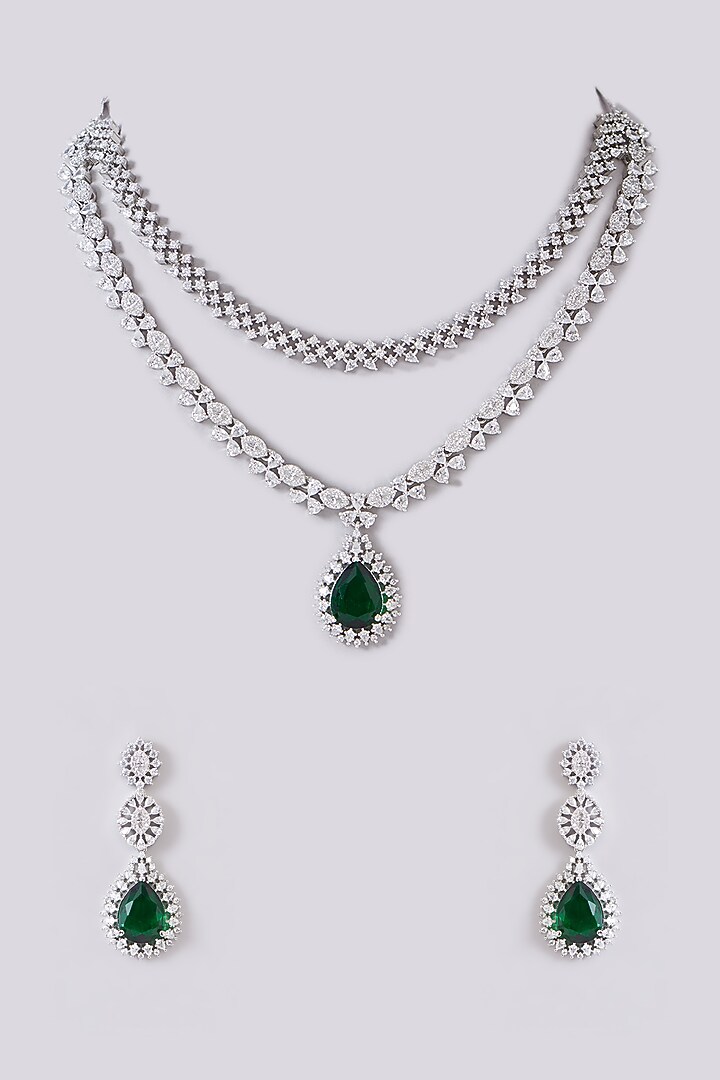 White Finish Zircon & Green Stone Layered Necklace Set by Aster at Pernia's Pop Up Shop