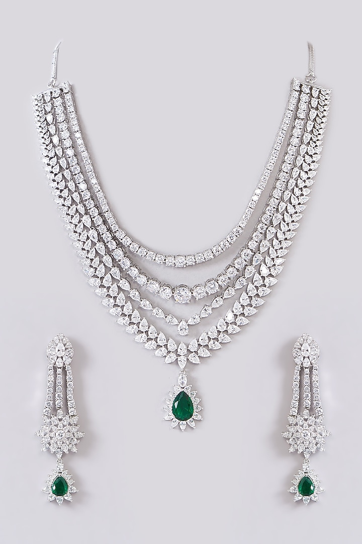 White Finish Zircon & Green Stone Layered Necklace Set by Aster at Pernia's Pop Up Shop