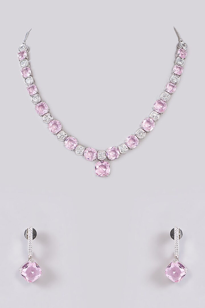 White Finish Zircon & Pink Stone Necklace Set by Aster at Pernia's Pop Up Shop