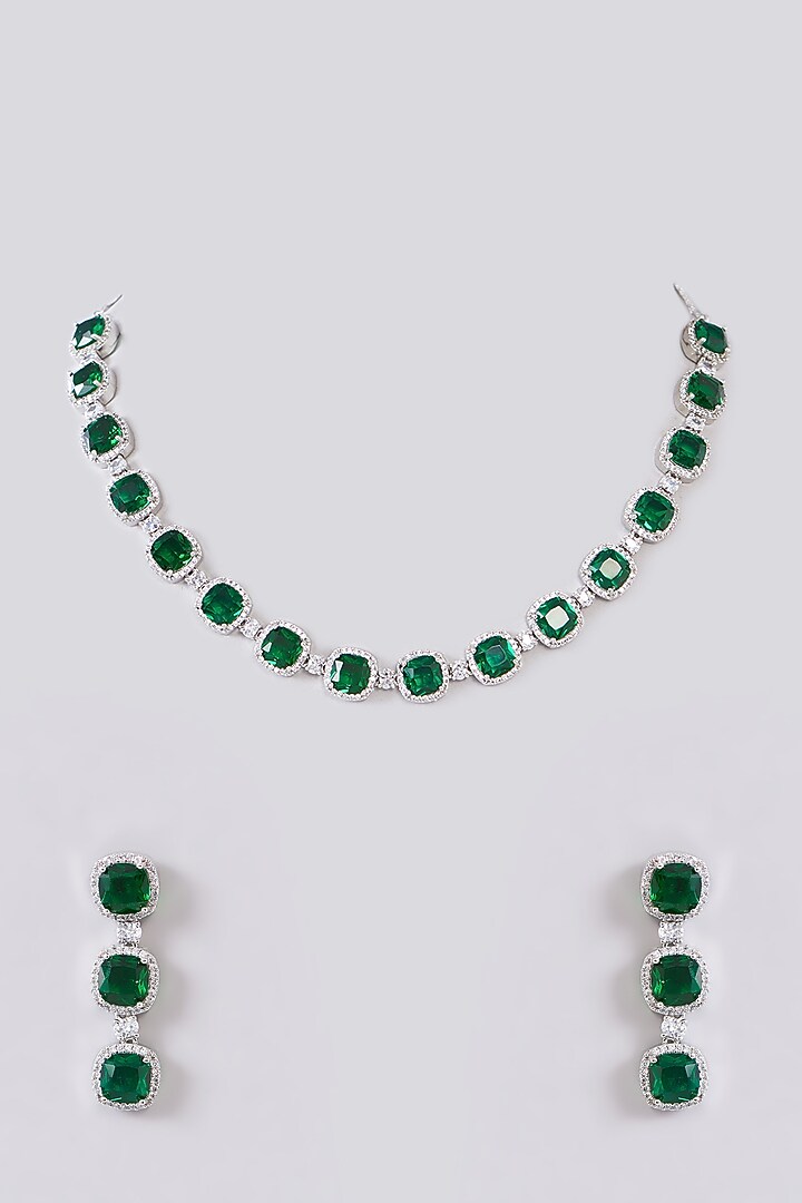 White Finish Zircon & Green Stone Necklace Set by Aster at Pernia's Pop Up Shop