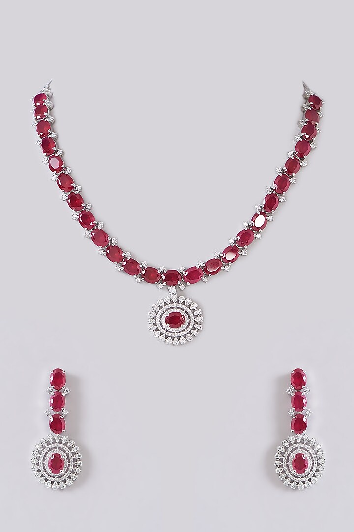 White Finish Zircon & Red Stone Necklace Set by Aster at Pernia's Pop Up Shop
