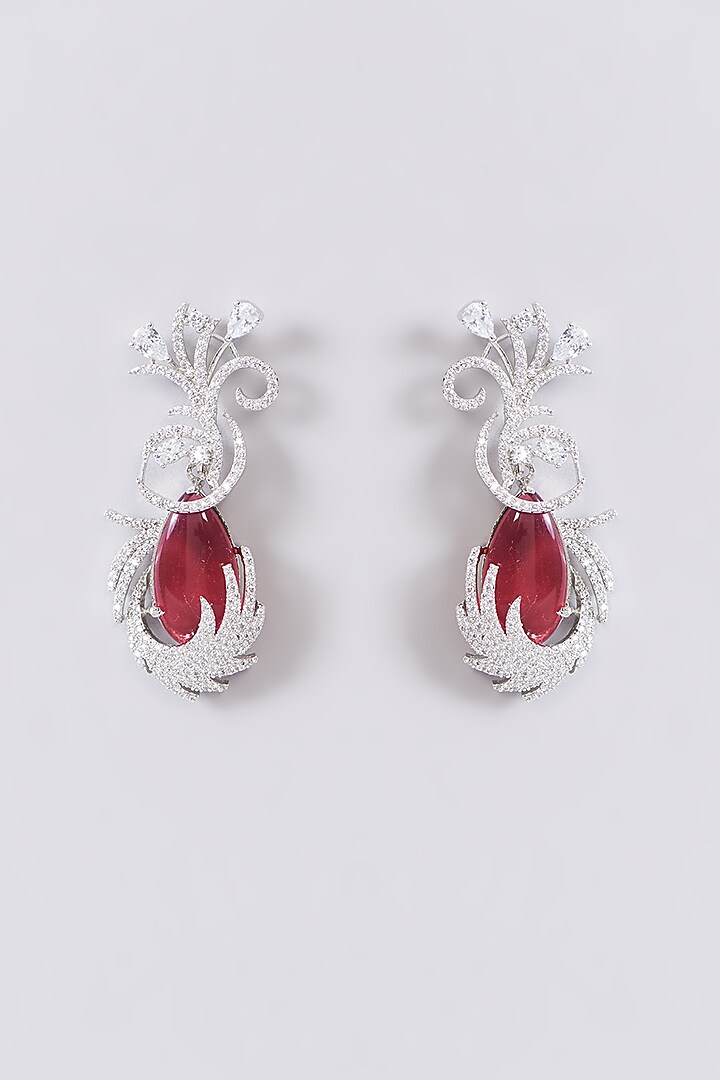 White Finish Zircon & Red Stone Dangler Earrings by Aster at Pernia's Pop Up Shop