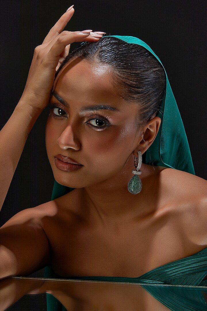 White Finish Zircon & Green Stone Dangler Earrings by Aster at Pernia's Pop Up Shop