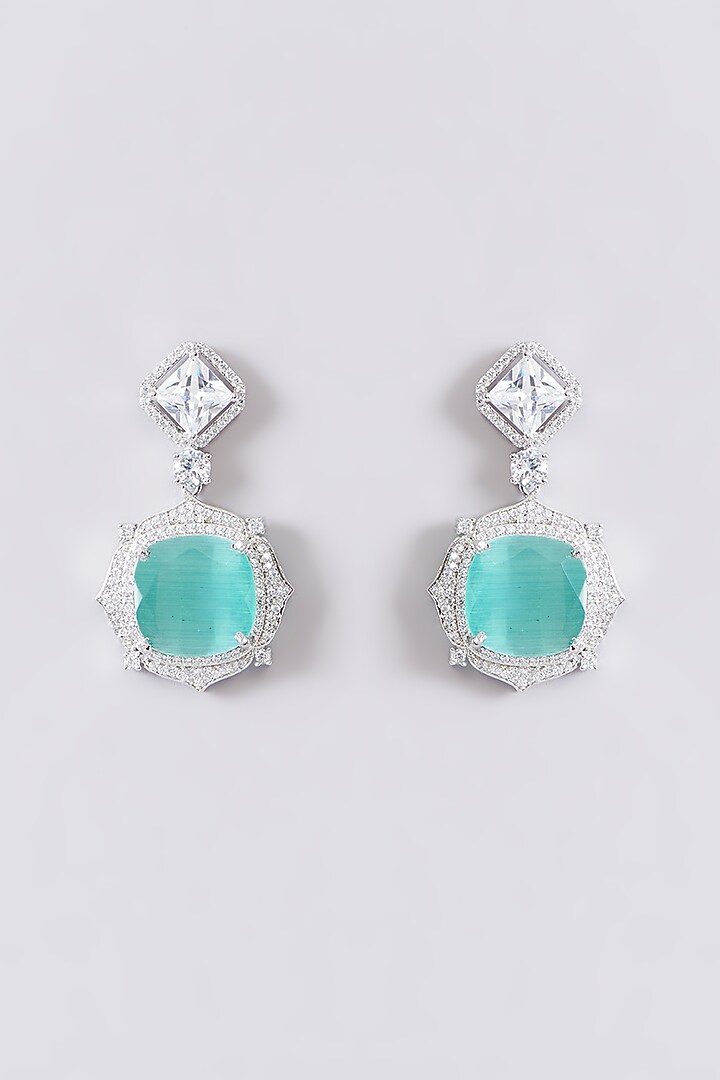 White Finish Zircon & Aqua Stone Dangler Earrings by Aster at Pernia's Pop Up Shop