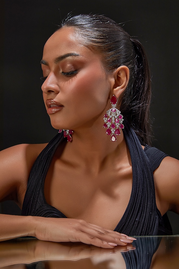 White Finish Zircon & Red Stone Dangler Earrings by Aster at Pernia's Pop Up Shop