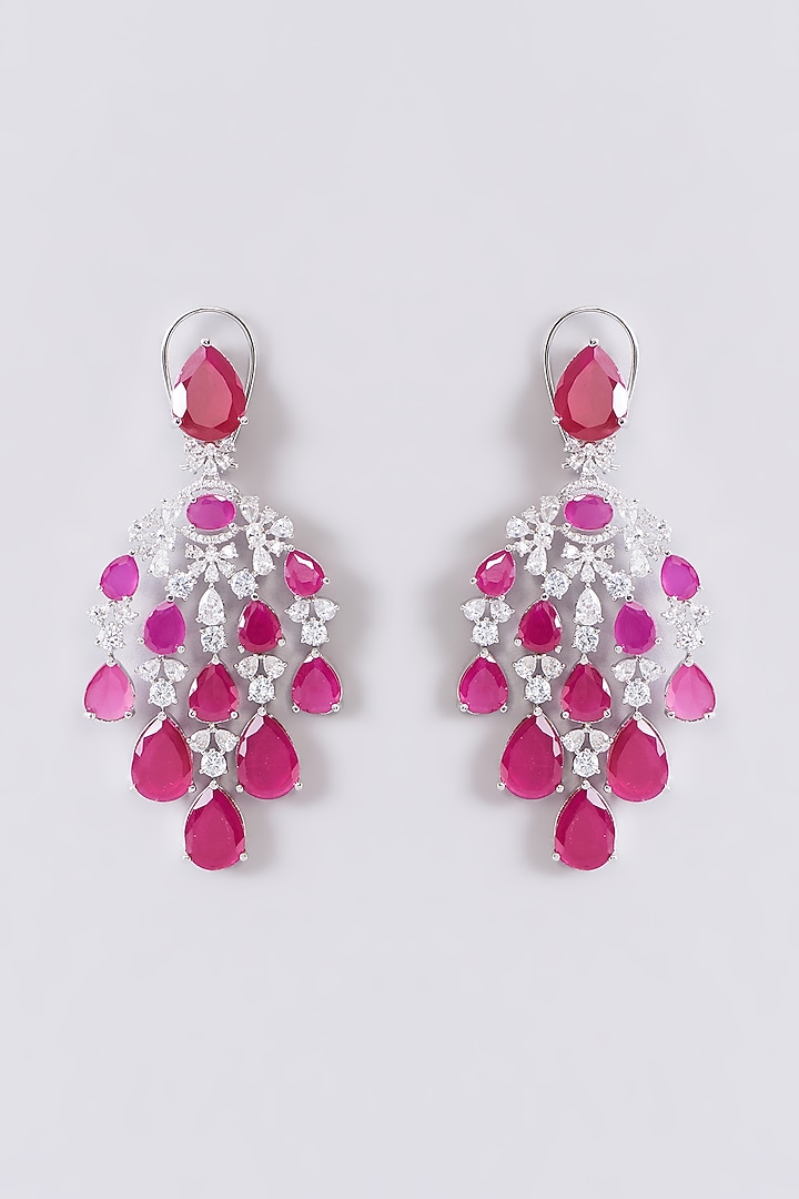 White Finish Zircon & Red Stone Dangler Earrings by Aster at Pernia's Pop Up Shop