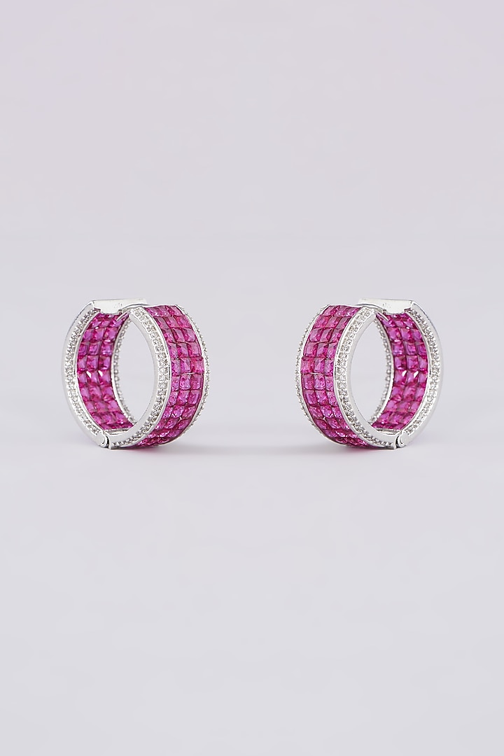 White Finish Zircon & Red Stone Hoop Earrings by Aster at Pernia's Pop Up Shop