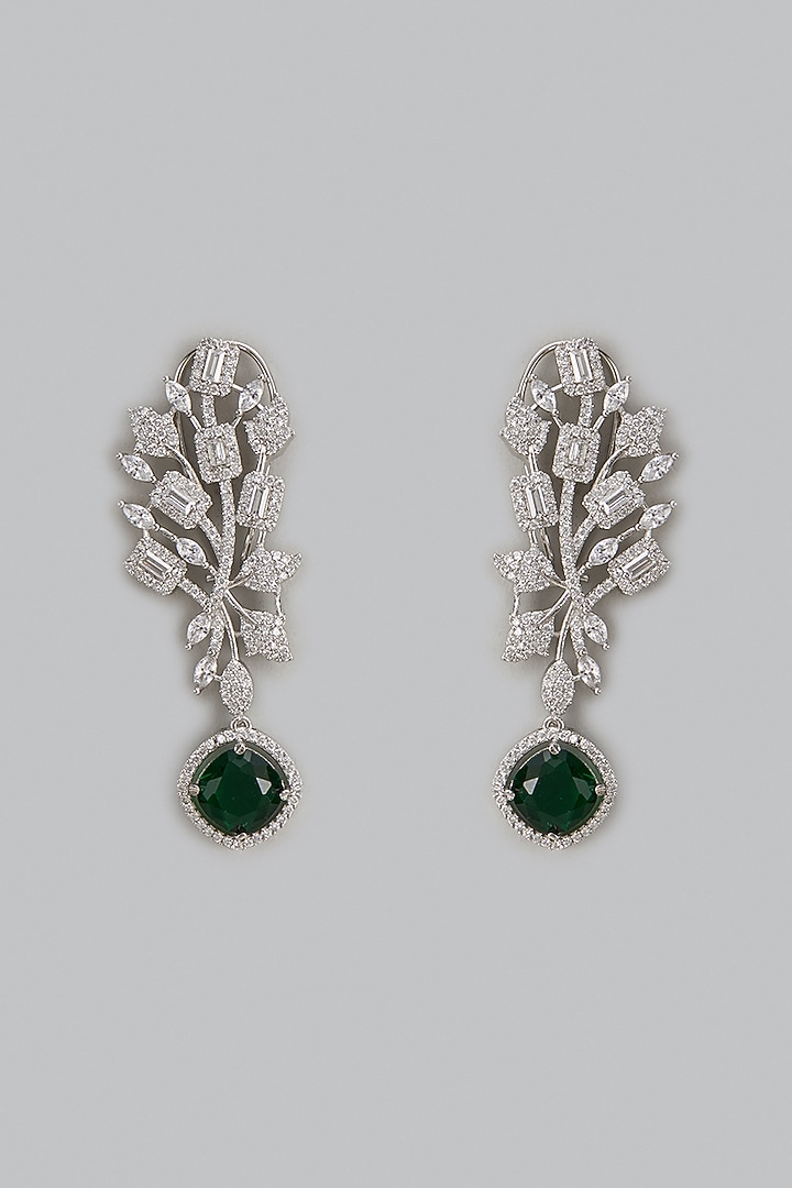 White Finish Zircon & Green Stone Dangler Earrings by Aster at Pernia's Pop Up Shop