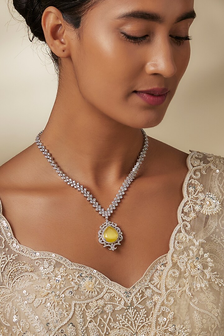 White Finish Yellow Stone & Zircon Necklace by Aster at Pernia's Pop Up Shop
