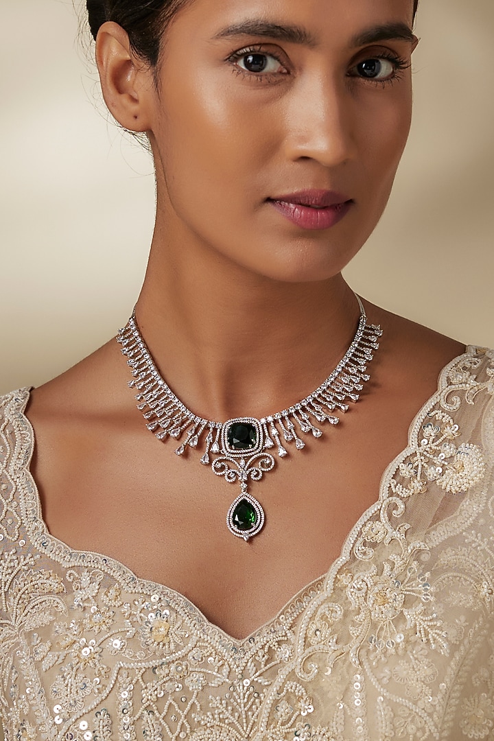 White Finish Zircon & Green Stone Necklace by Aster at Pernia's Pop Up Shop