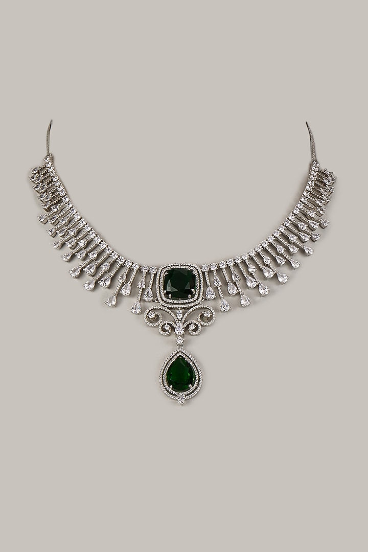 White Finish Zircon & Green Stone Necklace by Aster at Pernia's Pop Up Shop