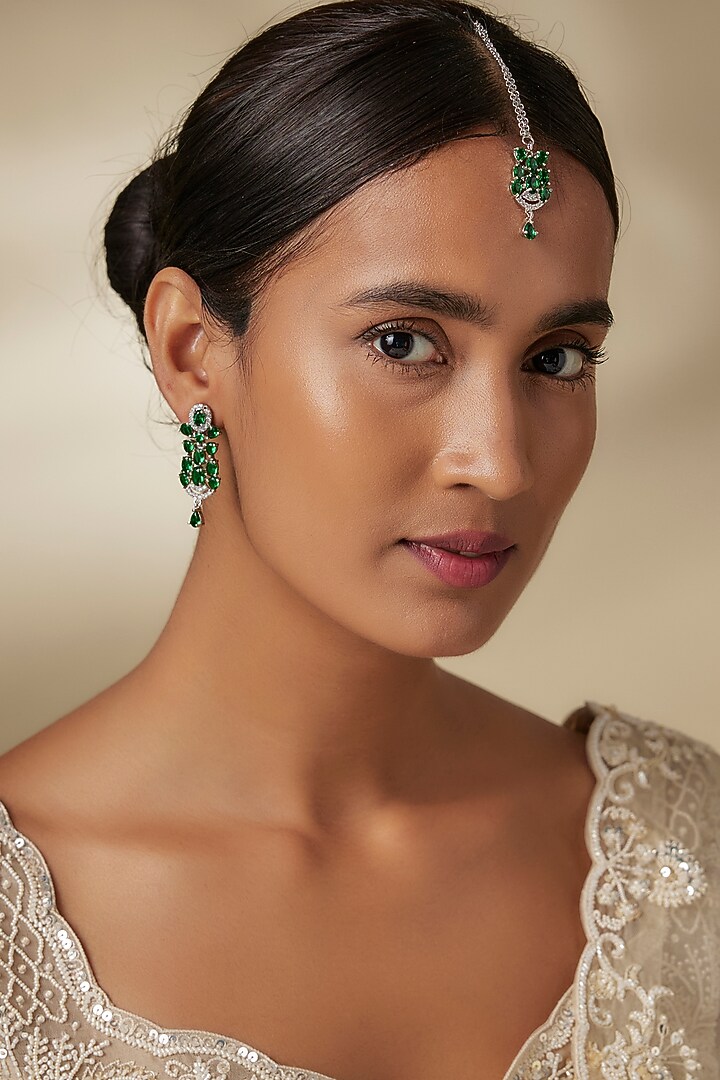 White Finish Zircon & Green Stone Dangler Earrings With Maangtikka by Aster at Pernia's Pop Up Shop