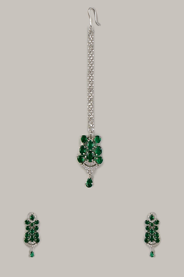 White Finish Zircon & Green Stone Dangler Earrings With Maangtikka by Aster at Pernia's Pop Up Shop