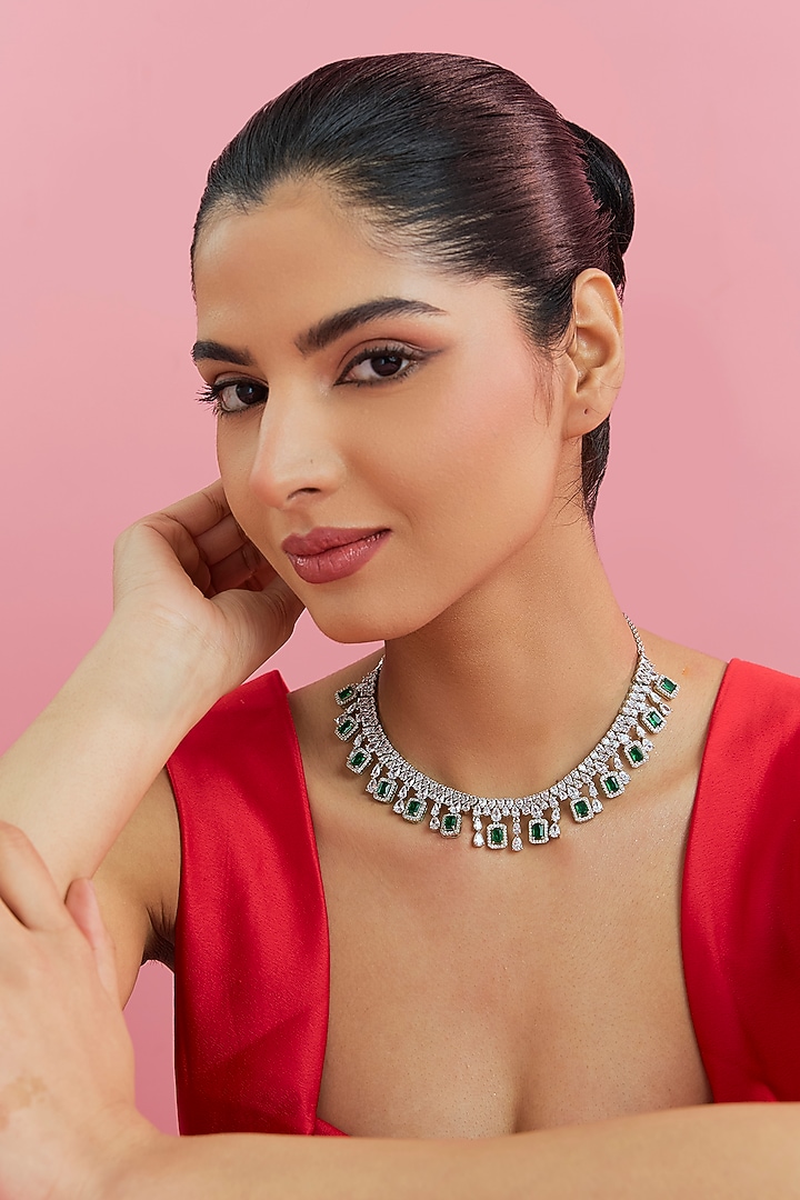 White Finish Zircon & Green Stone Necklace by Aster at Pernia's Pop Up Shop