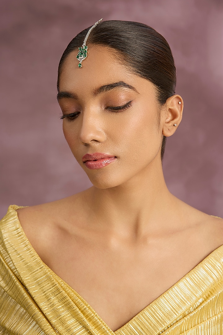 White Finish Green Stone Maangtikka by Aster at Pernia's Pop Up Shop