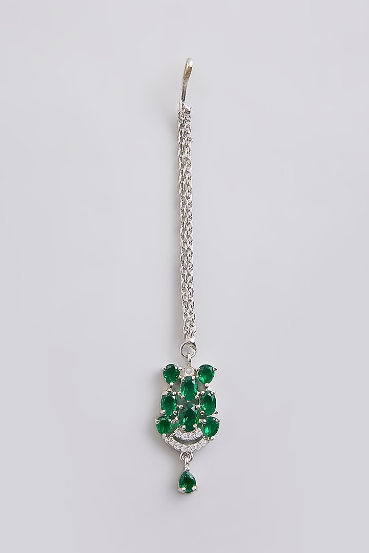 White Finish Green Stone Maangtikka by Aster at Pernia's Pop Up Shop