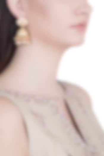 Yellow Rhodium Plated Kundan, Pearl & Red Bead Jhumka Earrings by Aster at Pernia's Pop Up Shop