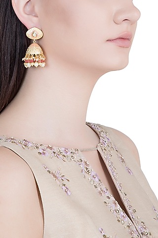 Yellow Rhodium Plated Kundan, Pearl & Red Bead Jhumka Earrings by Aster