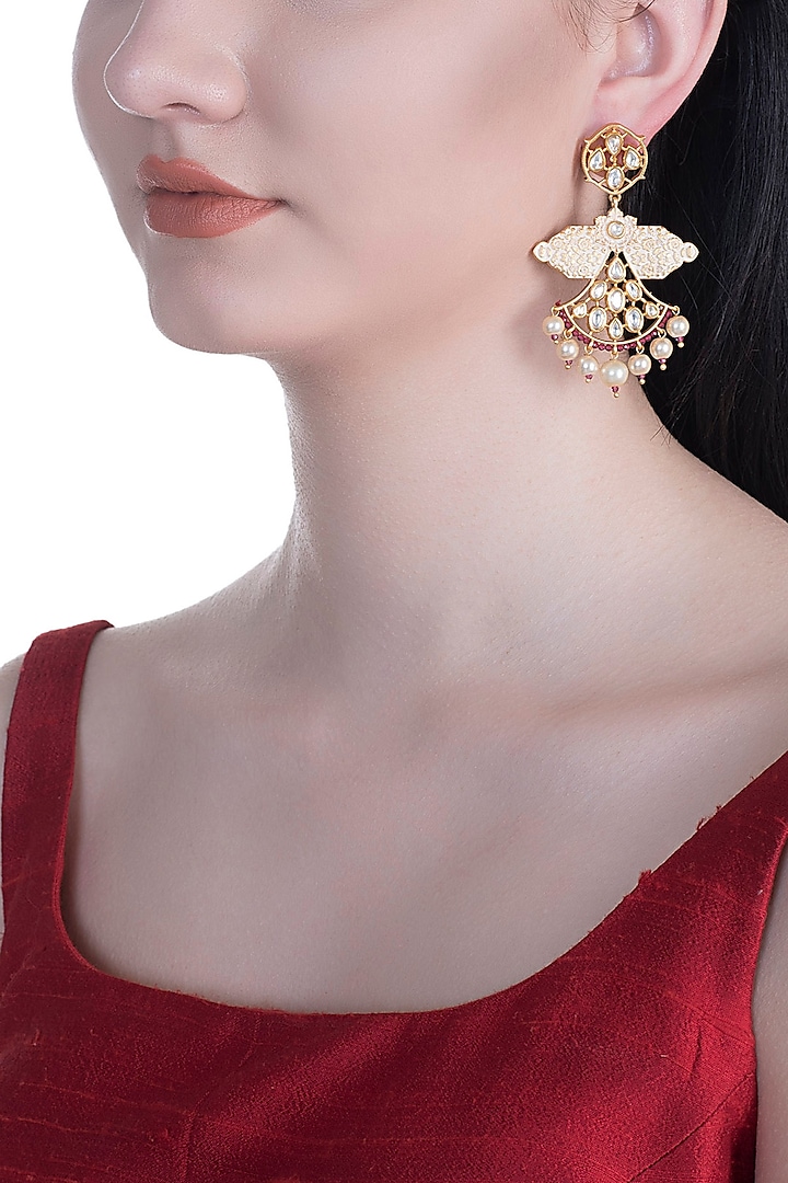 Gold Rhodium Finish Enameled Kunda & Faux Pearl Earrings by Aster