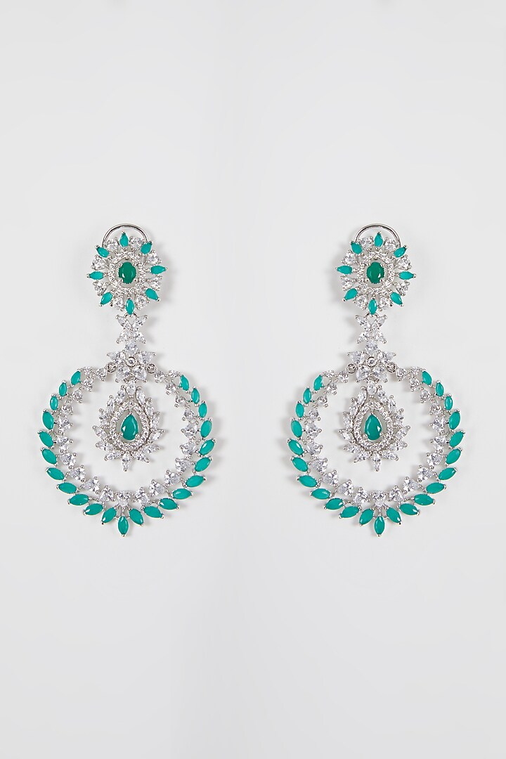 White Finish Green Stone & Faux Diamond Earrings by Aster at Pernia's Pop Up Shop