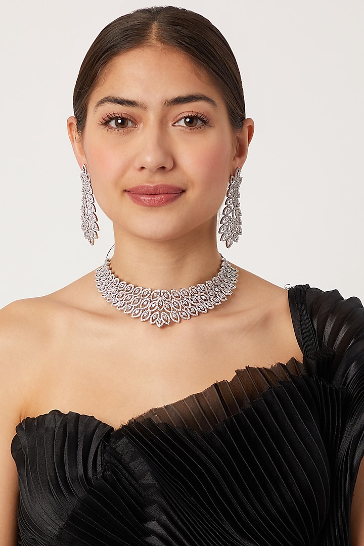 White Finish Diamond Necklace Set by Aster