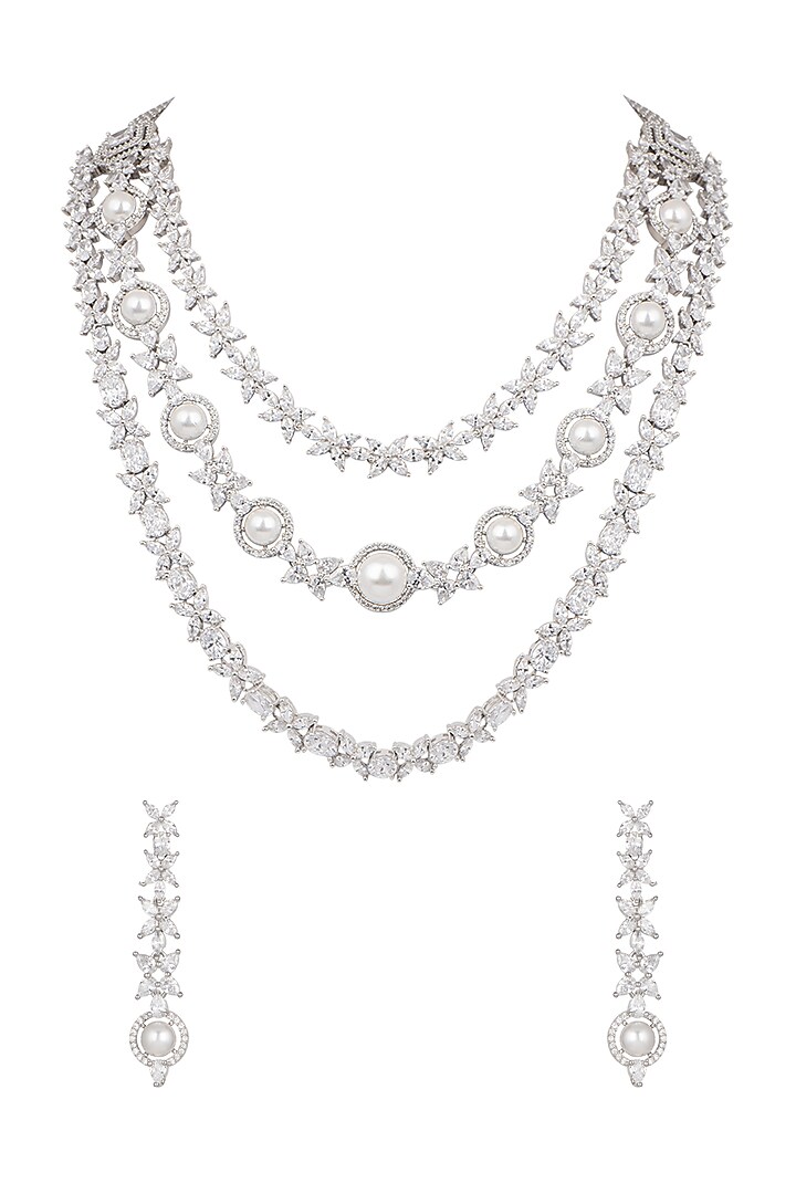 White Finish Diamond Layered Necklace Set by Aster at Pernia's Pop Up Shop