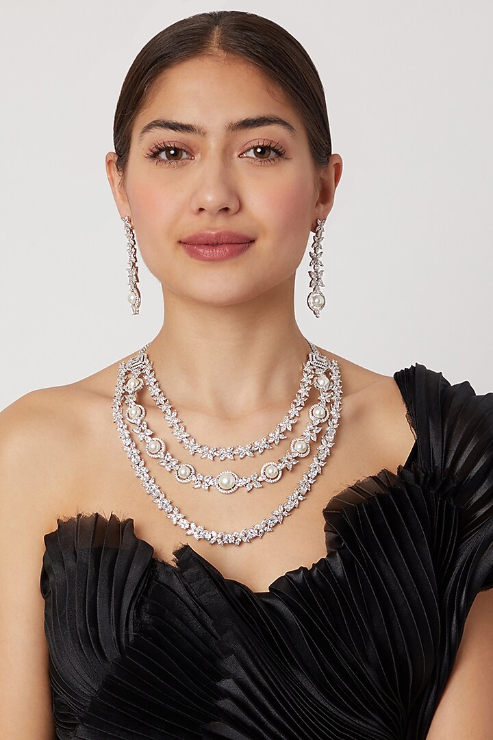 White Finish Diamond Layered Necklace Set by Aster at Pernia's Pop Up Shop