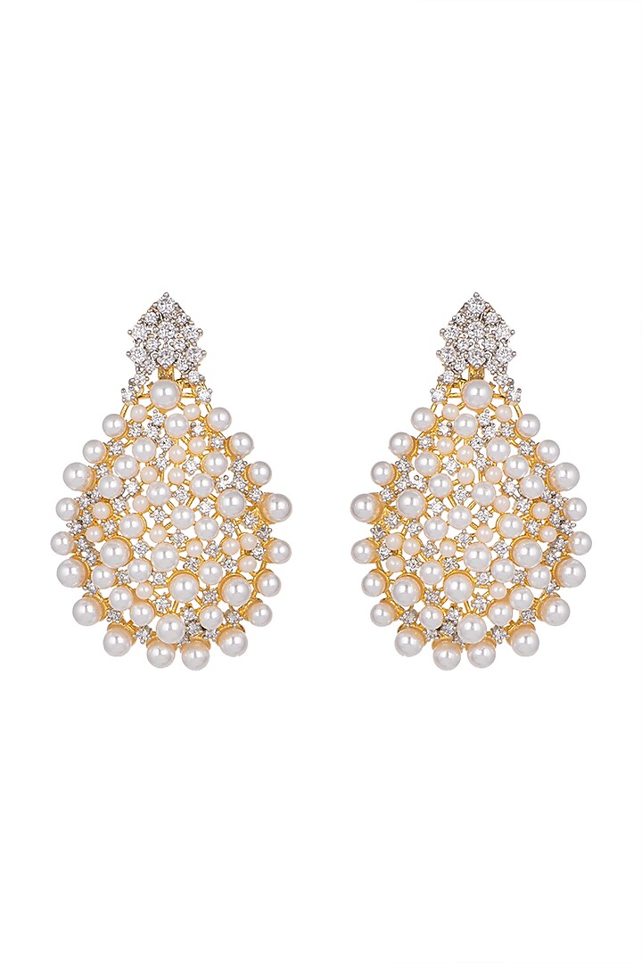 Gold Finish Diamond & Pearl Earrings by Aster at Pernia's Pop Up Shop
