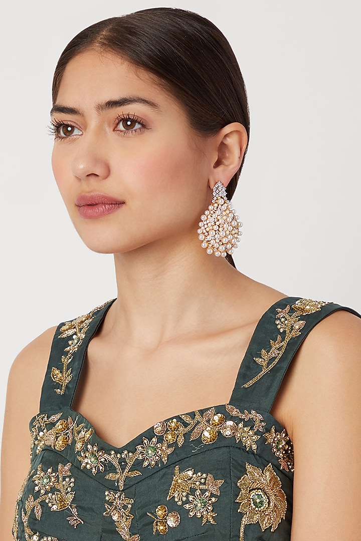 Gold Finish Diamond & Pearl Earrings by Aster