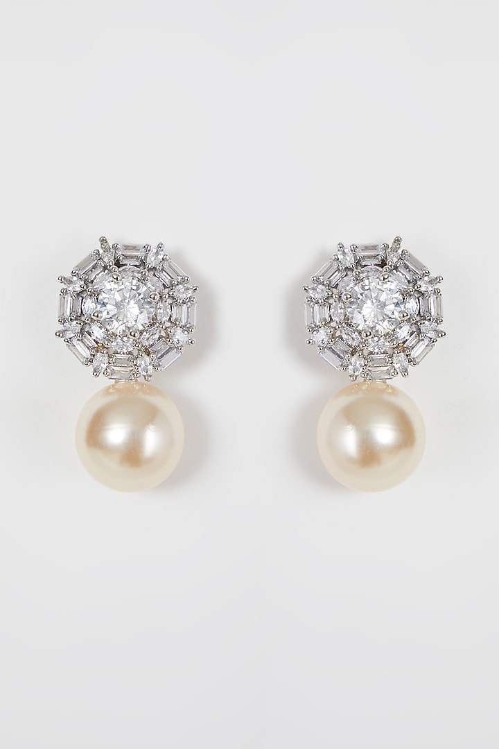 White Finish Diamond & Pearl Drop Earrings by Aster at Pernia's Pop Up Shop