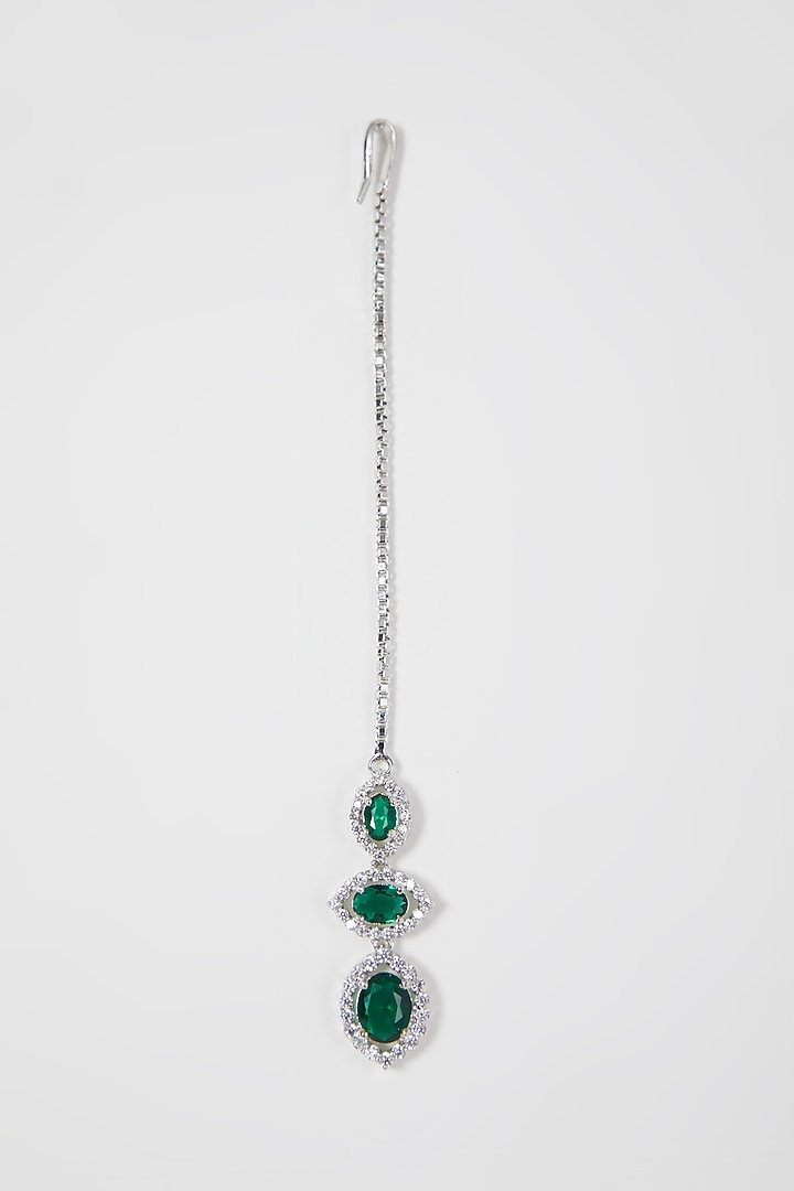 White Finish Green Stone & Diamond Maang Tikka by Aster at Pernia's Pop Up Shop