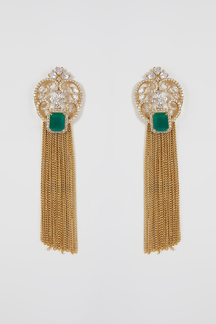 Gold Finish Diamond Earrings With Tassels by Aster at Pernia's Pop Up Shop