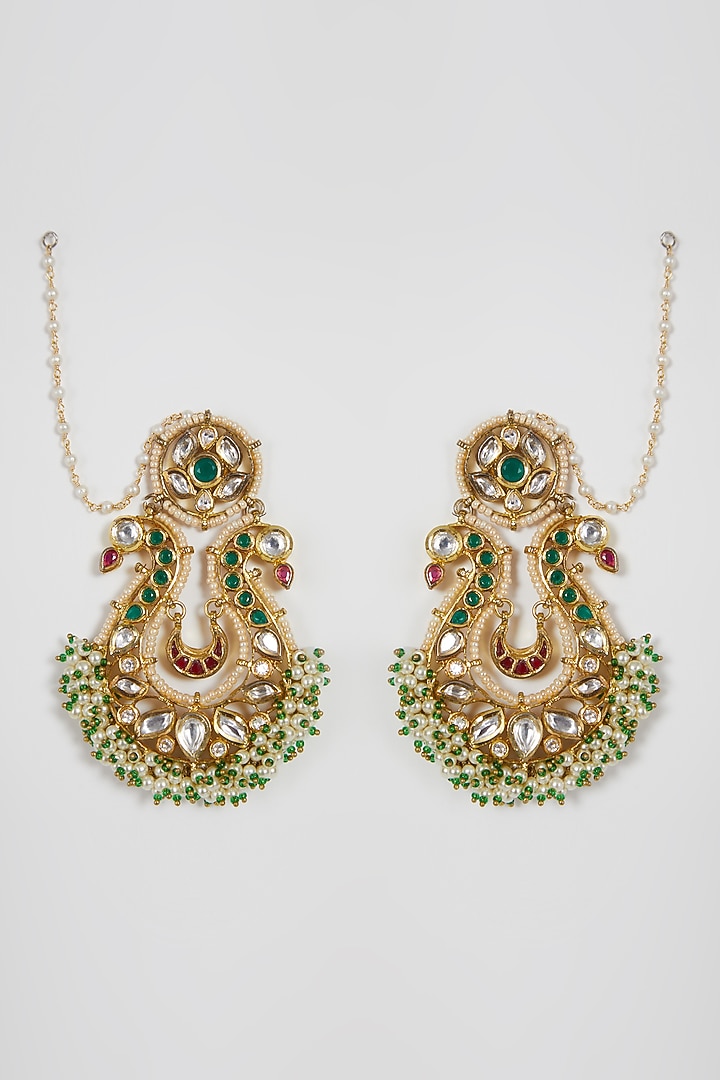 Gold Finish Pearl & Kundan Polki Earrings by Aster at Pernia's Pop Up Shop