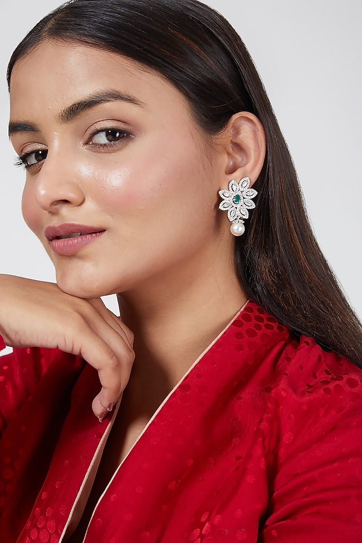 White Finish Pearl & Diamond Earrings by Aster at Pernia's Pop Up Shop