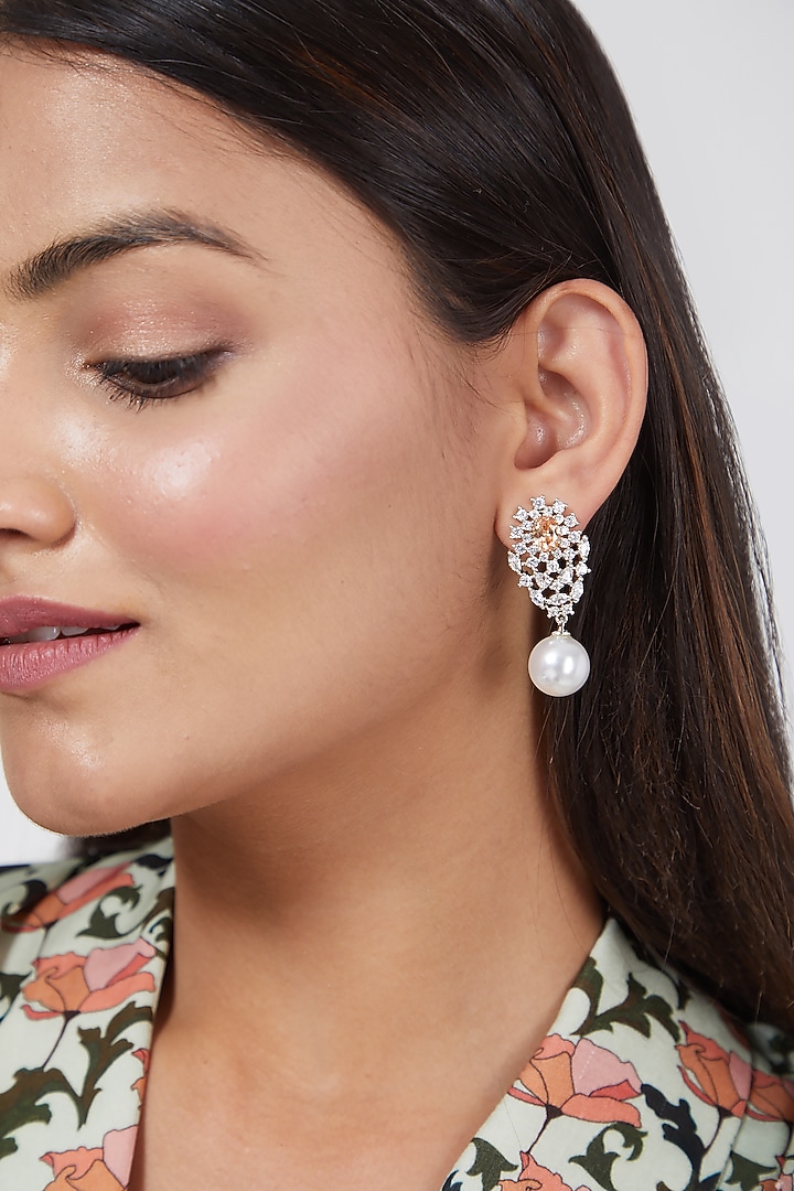 White Finish Pearl Drop Earrings by Aster at Pernia's Pop Up Shop