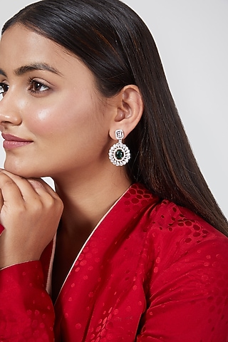 White Finish Green Stone & Zircon Dangler Earrings by Aster