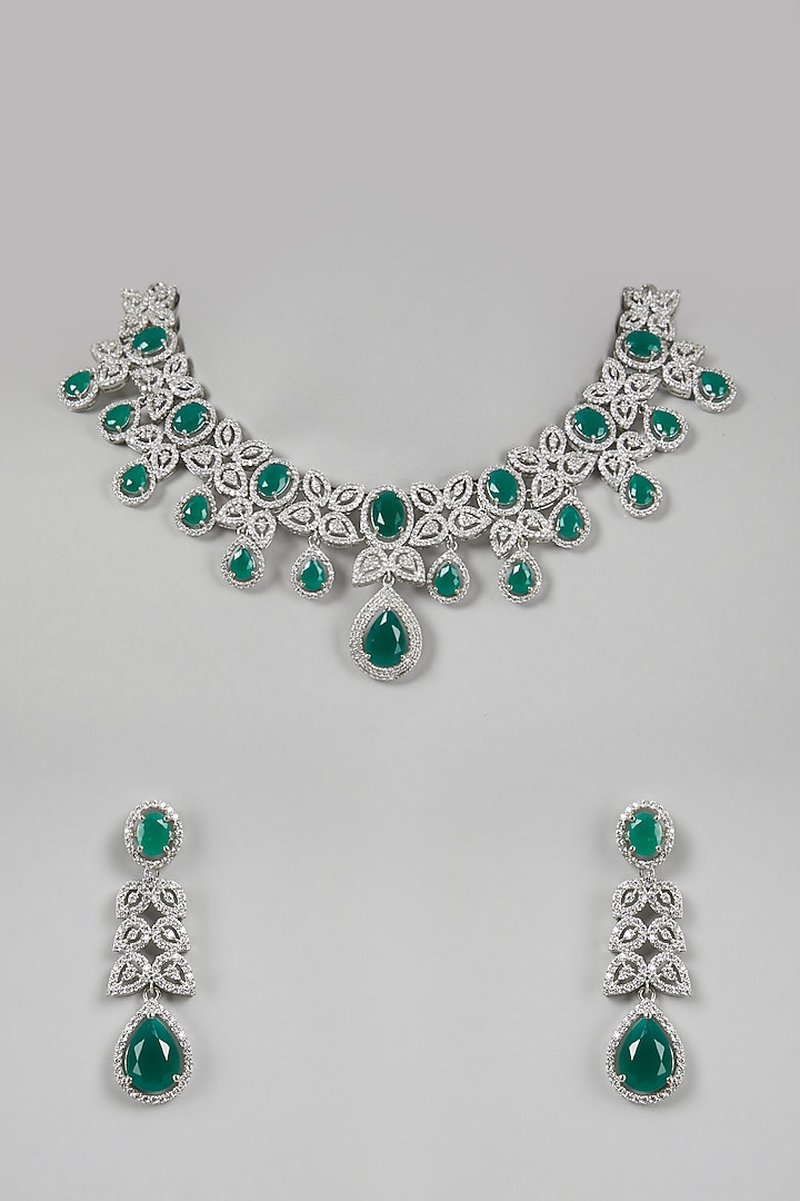 White Finish Zircon & Green Stone Necklace Set by Aster at Pernia's Pop Up Shop