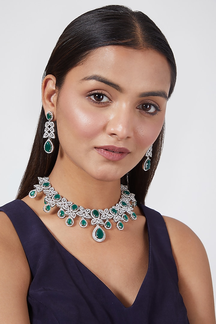 White Finish Zircon & Green Stone Necklace Set by Aster
