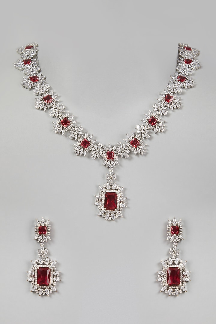 White Finish Red Stones & Zircon Necklace Set by Aster at Pernia's Pop Up Shop