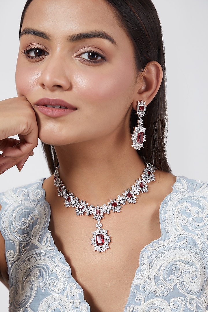 White Finish Red Stones & Zircon Necklace Set by Aster