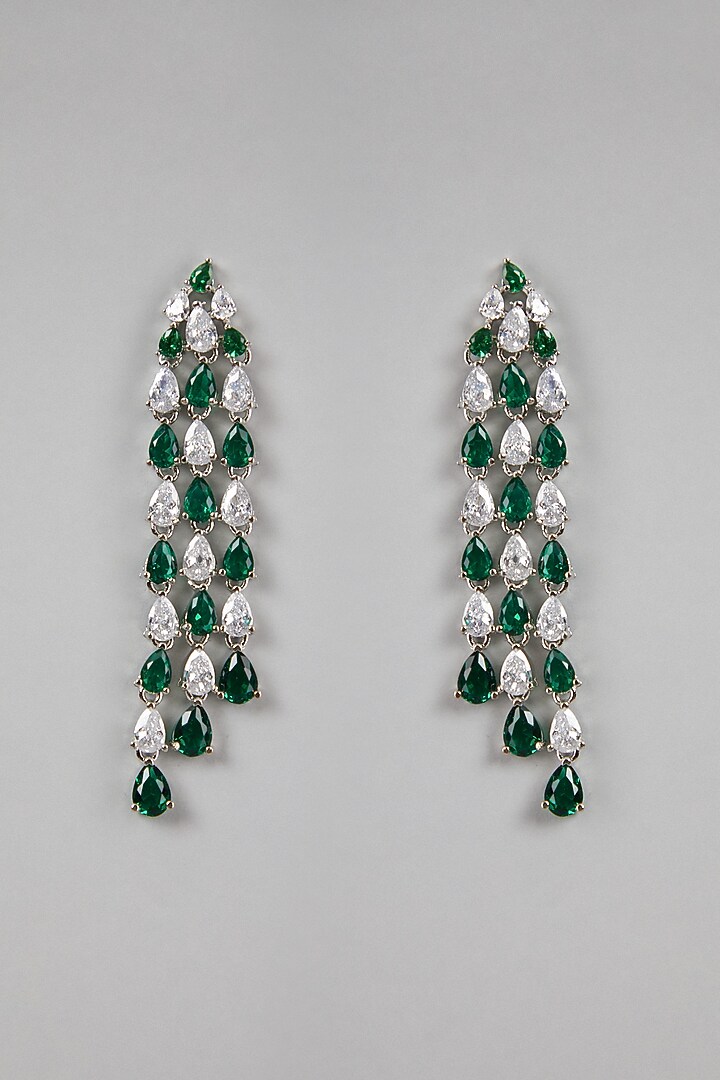 White Finish Green Stones & Zircon Dangler Earrings by Aster at Pernia's Pop Up Shop