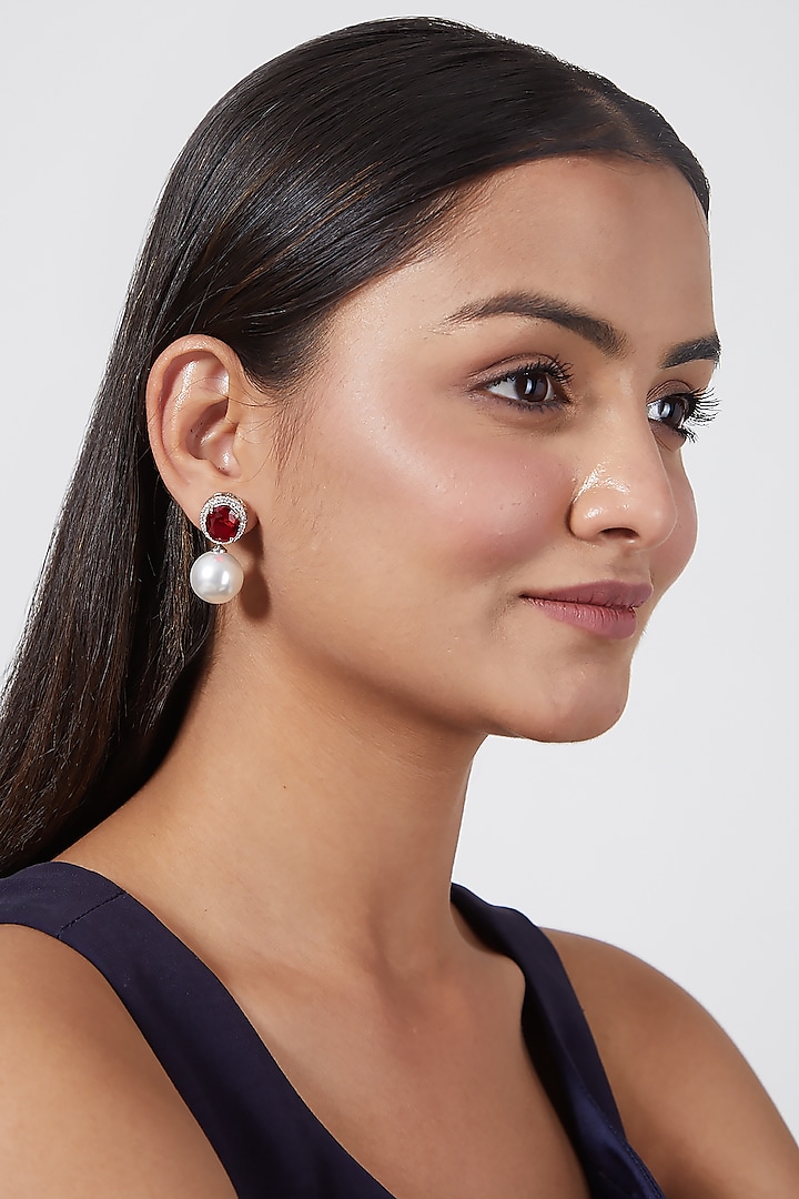 White Finish Pearl & Zircon Earrings by Aster at Pernia's Pop Up Shop