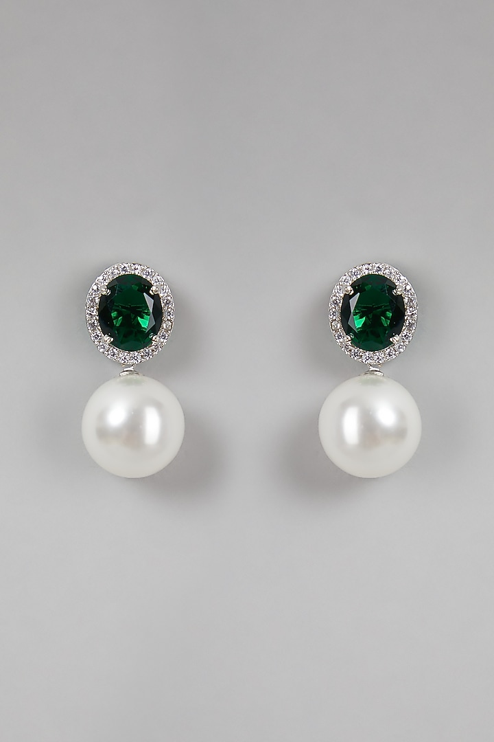 White Finish Zircon & Green Stone Earrings by Aster at Pernia's Pop Up Shop