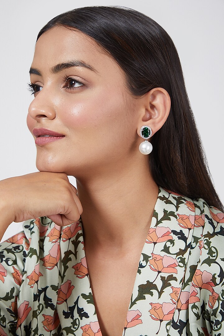 White Finish Zircon & Green Stone Earrings by Aster at Pernia's Pop Up Shop