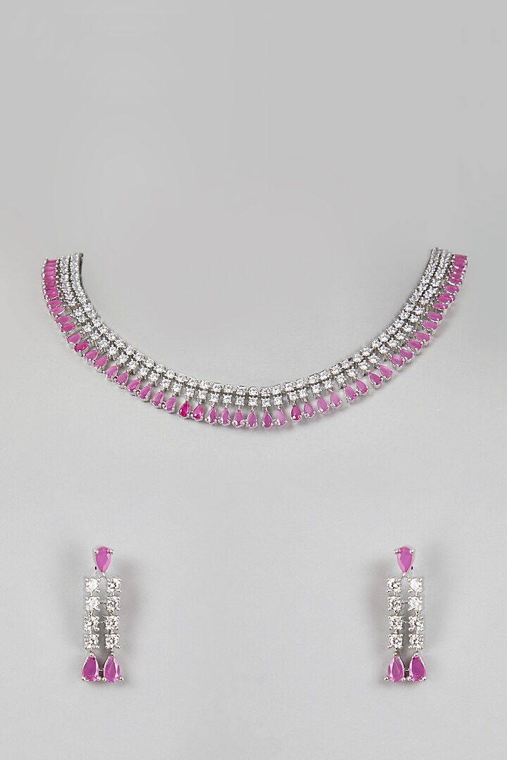 White Finish Pink Stones Necklace Set by Aster at Pernia's Pop Up Shop