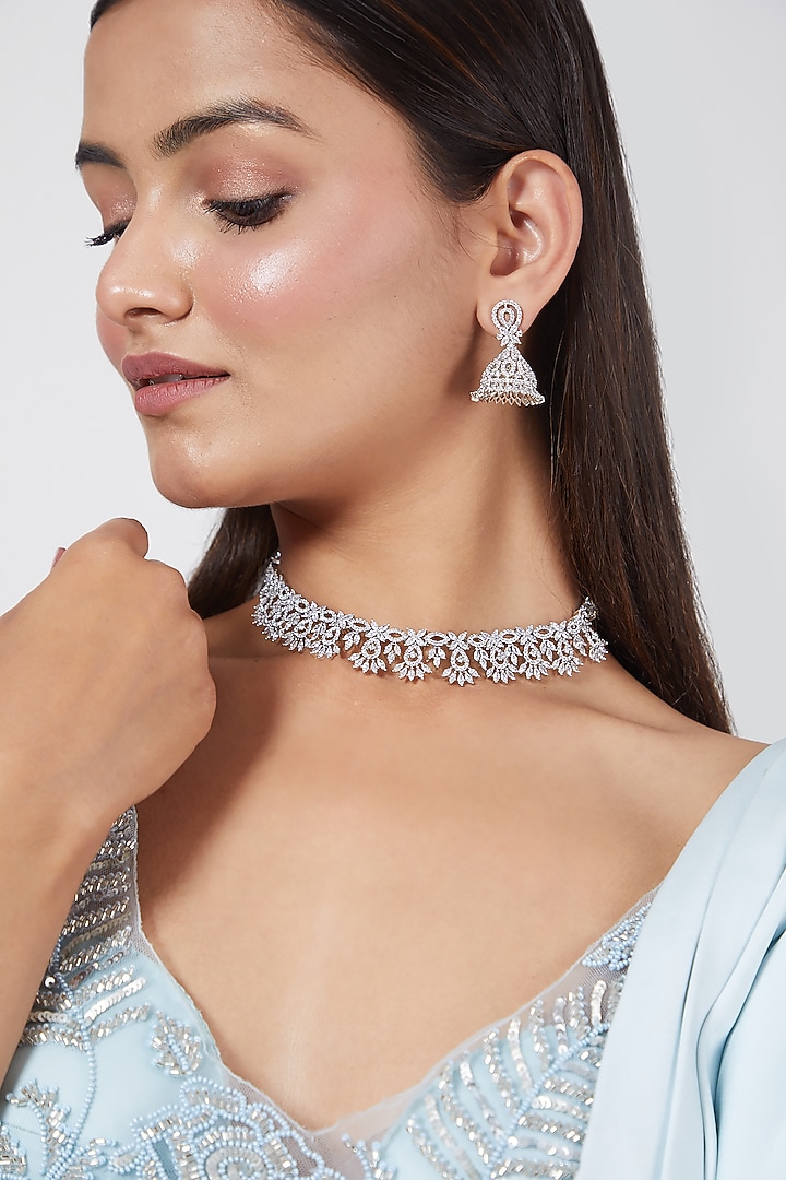 White Finish Faux Diamonds Sleak Necklace Set by Aster at Pernia's Pop Up Shop